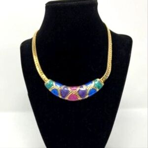 Vintage Gold Tone Enamel Multi Colored Omega Flat Chain Choker Necklace